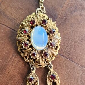 Vintage Germany Filligree Red And Opal Filigree Pendant necklace Edwardian